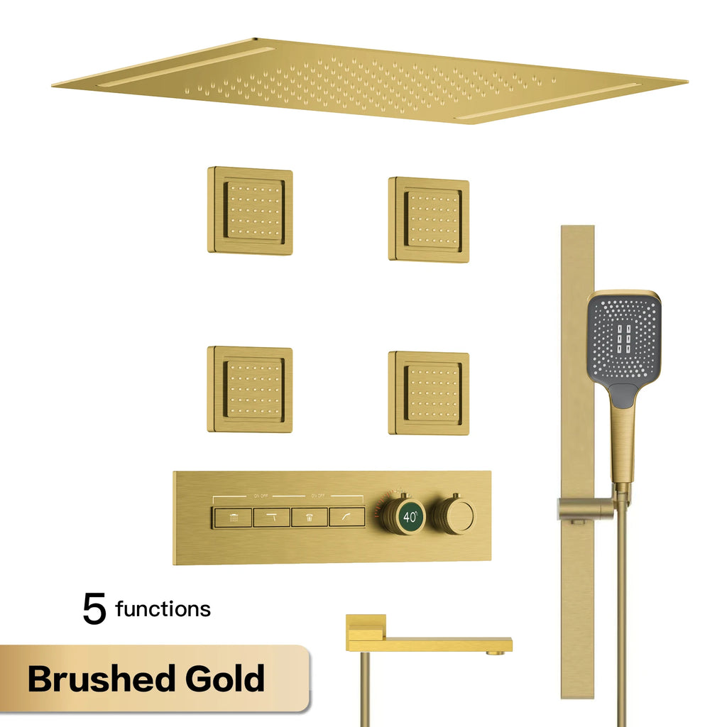 Luxury Gun Grey Brass Thermostatic Shower System Ceiling-Embedded Rainfall&Waterfall Outlet with LED Display Bathroom Mixer Tap
