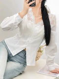 Elegant V Neck White Shirt Women Sexy Slim Long Sleeve Lace Patchwork Blouse Korean Fashion Female All Match Sweet Spring Tops