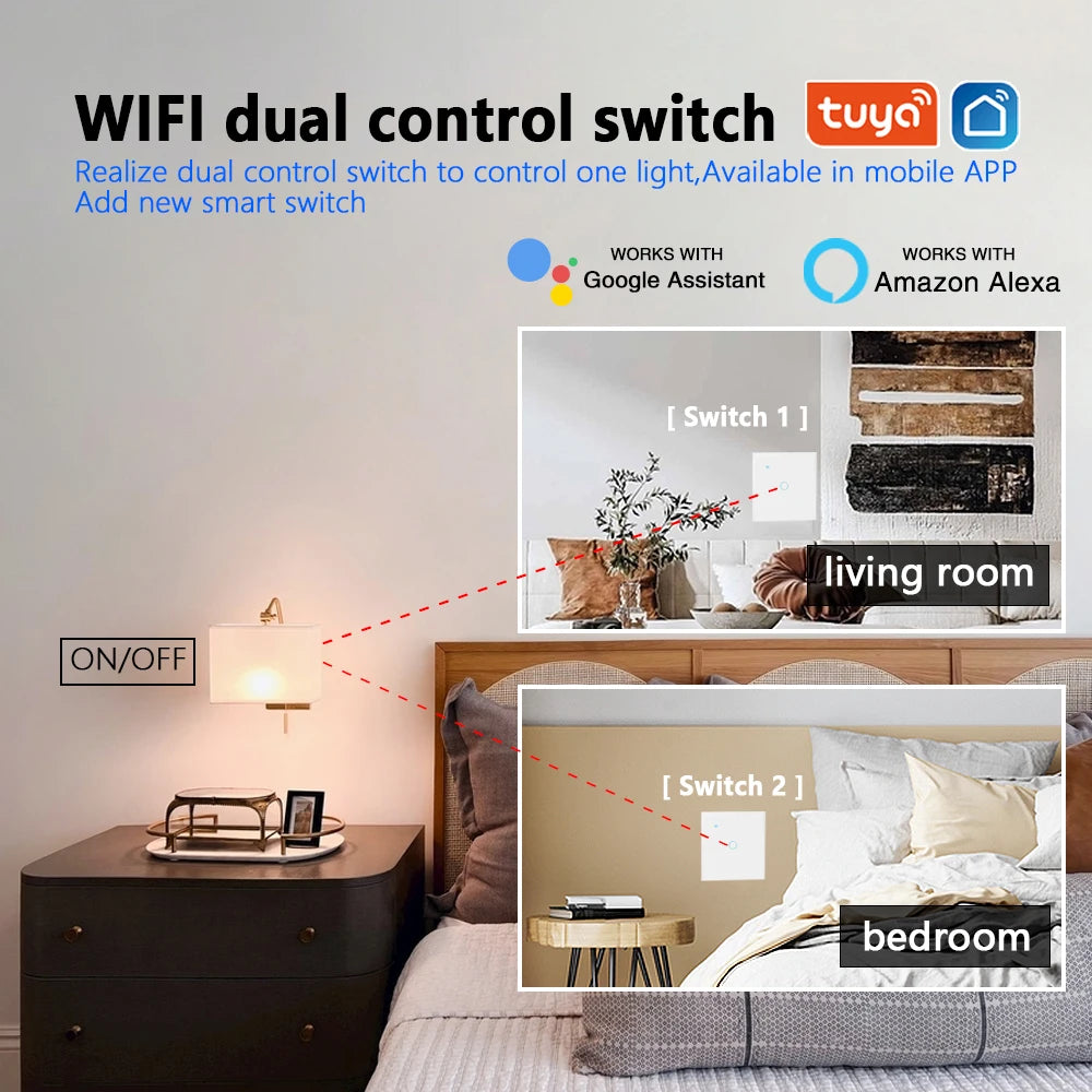 3way Wifi Switch 1/2/3gang Touch Light Switches With Tempered Glass Support Tuya Smart Life APP Voice Control For Stairs Bedroom