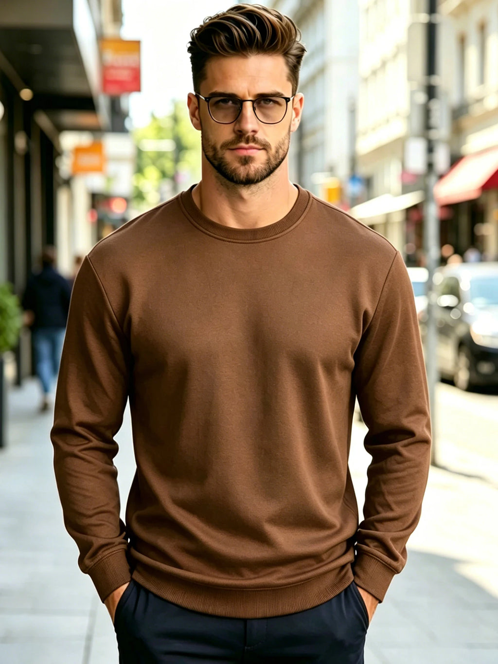 Men Solid Plain Crew Neck Sweatshirt Classic Rib Round Collar Cuffs & Hem Reinforced Waffle Stitching Soft Lightweight Wrinkle