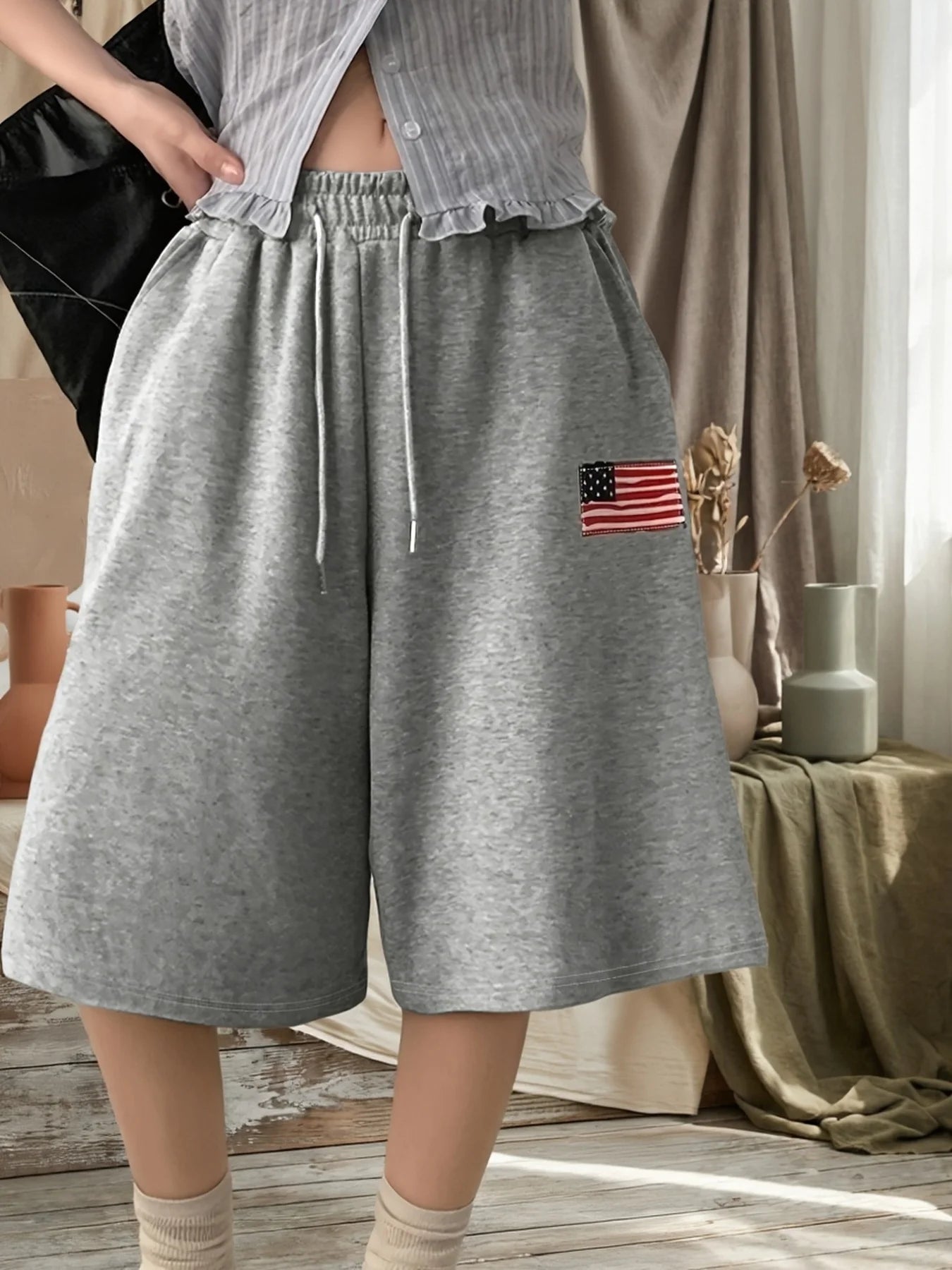 Ladies' Fashionable Printed Casual Loose Drawstring Elastic Waist Wide Leg Shorts