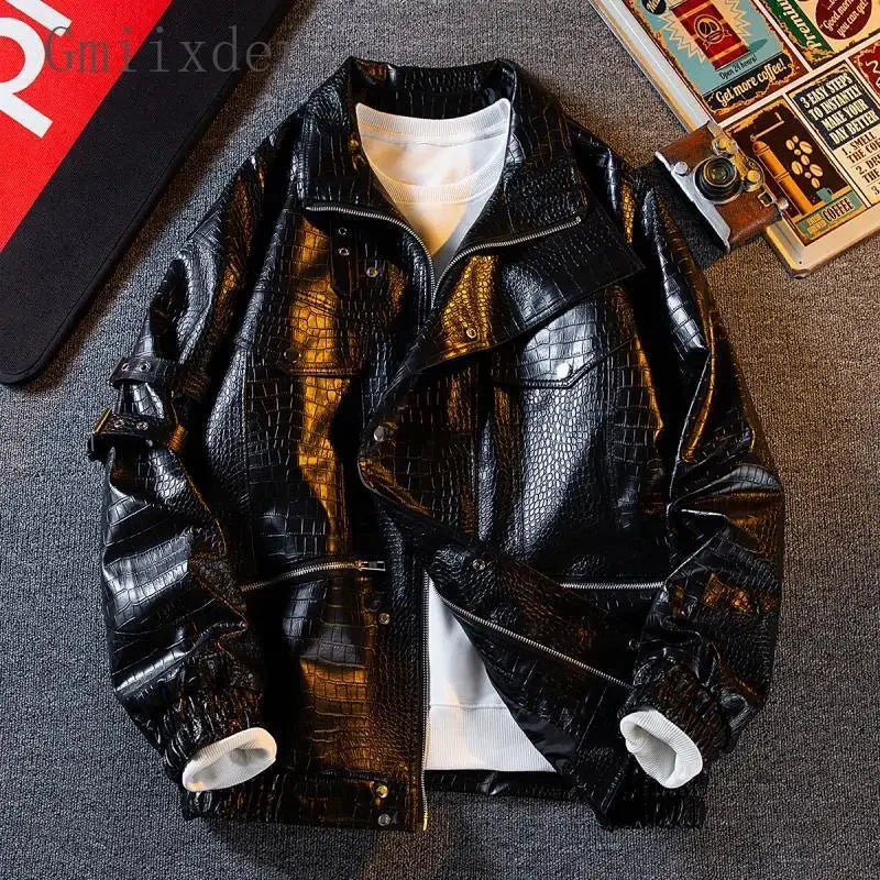 Gmiixder Functional Imitation Crocodile Leather Jacket Men's Spring Autumn American Retro High Street Motorcycle Leather Coat