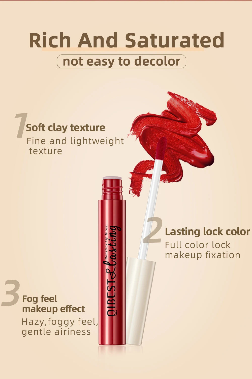 QIBEST Sexy Red Lip Gloss Long Lasting Velvet Matte Liquid Lipstick Waterproof Lip Makeup Nonstick Cup Purple Lip Tint Black