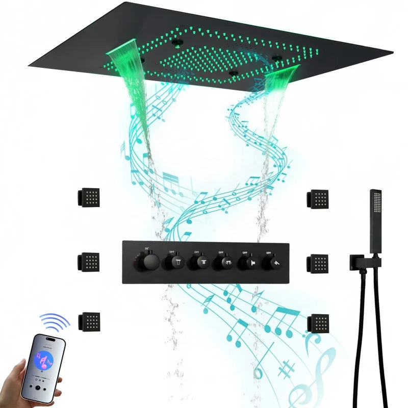 Matte Black 800*600mm LED Music Shower Head Rain Waterfall Misty Thermostatic Faucet Ceramic Valve Wall Mounted for Bathroom