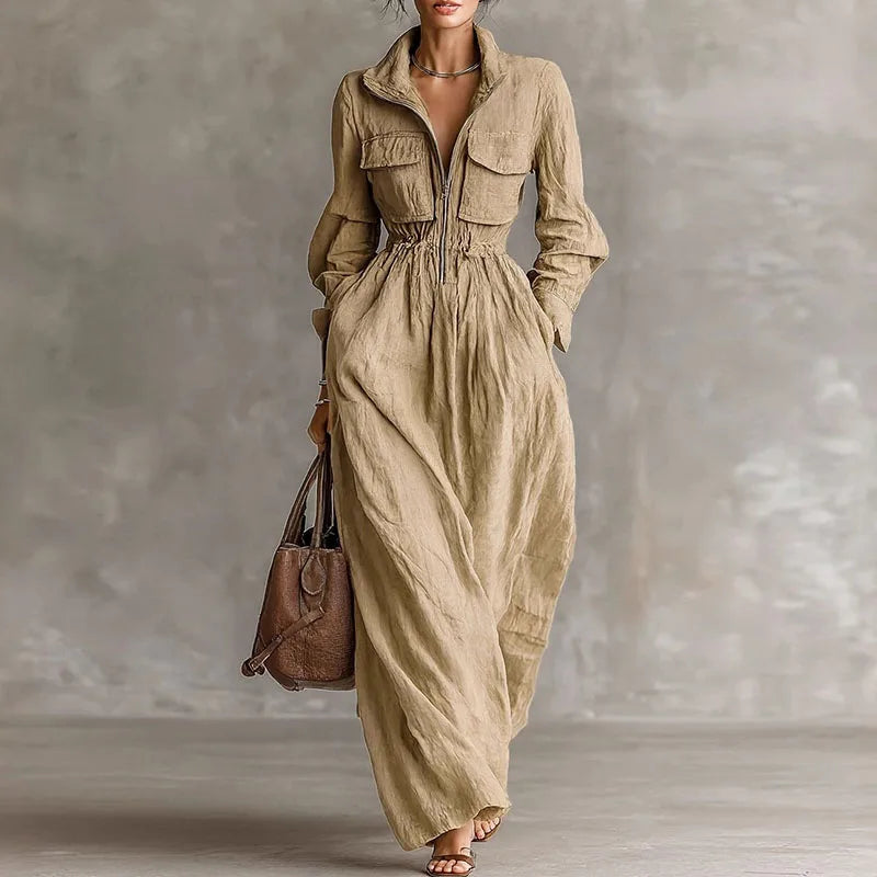 Women Lapel Zip Cargo Pocket Long Dress New Spring Solid Cotton Linen Maxi Dress Fall Long Sleeve Elastic Waist Loose Boho Dress