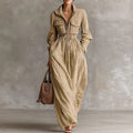Women Lapel Zip Cargo Pocket Long Dress New Spring Solid Cotton Linen Maxi Dress Fall Long Sleeve Elastic Waist Loose Boho Dress