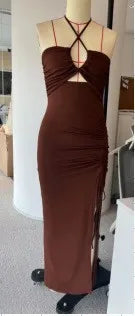 Women's Elegant Party Summer Sleeveless Halter Neck High Waist Pencil Dress Long Backless Cross Strap with High Slit Bodycon