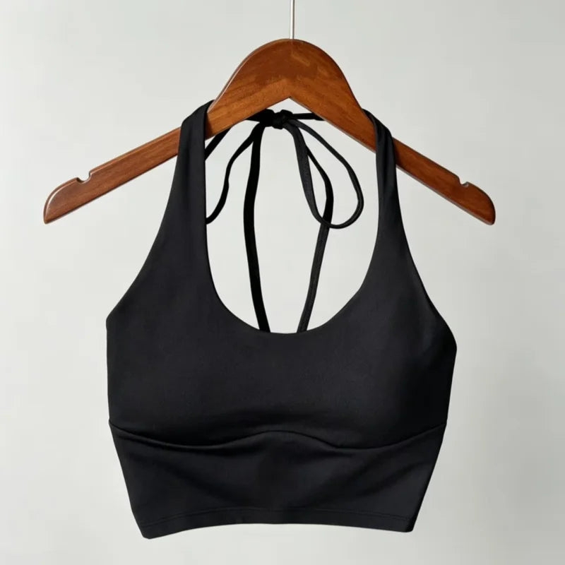 Women Halter Tie‑Up U‑Neck Yoga Sports Top Stylish Design Breathable Comfortable Integrated Fixed Cup Cropped Tank Top Fitness