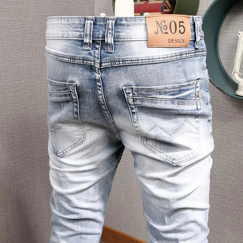 Streetwear Fashion Men Jeans Retro Light Blue Elastic Slim Fit Ripped Jeans Men Embroidery Designer Vintage Casual Denim Pants