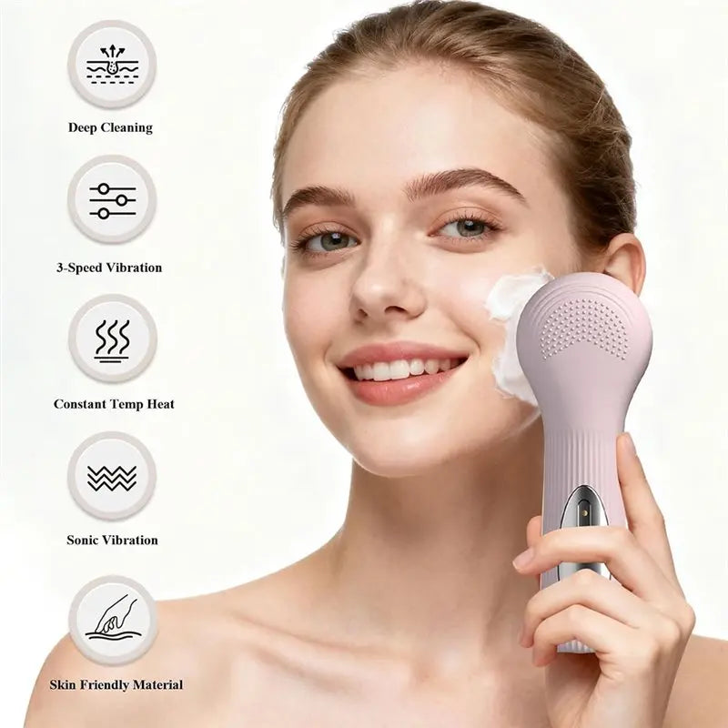 B15C Waterproof Electric Facial Cleansing Brush, 2-In-1 Silicone Face Scrubber Featuring Heat Massage Function For Women
