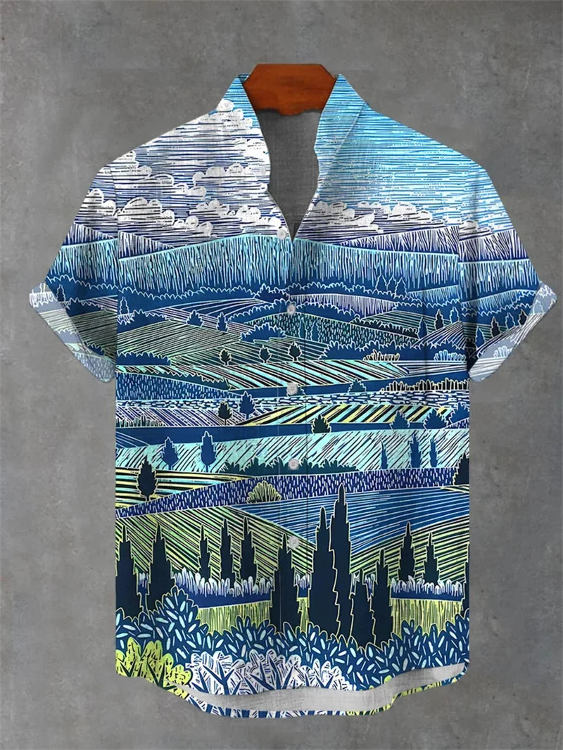 Hawaii 3D Printed men's Casual And Fashionable Short Sleeved Shirt With Collar And Button Up Top Made Of Linen