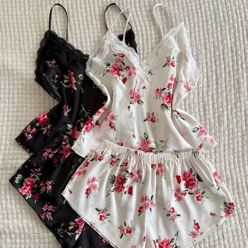 Satin Ice Silk Women's Printed Pajamas Set Floral Printed Lace-Trimmed V-Neck Ice Silk Suspender Sleepwear Shorts And Long Pants