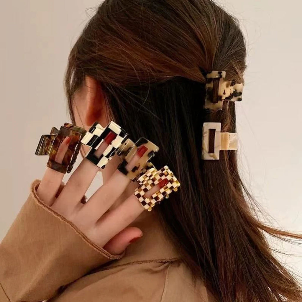 1pc acetate leopard print checkerboard plaid hairpin, classic and daily grab clip, small square high ponytail hair claw