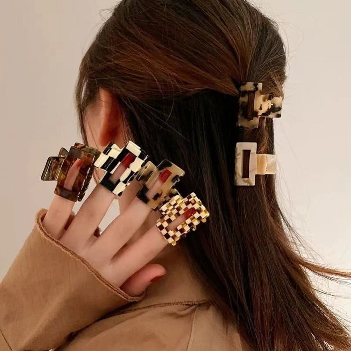 1pc acetate leopard print checkerboard plaid hairpin, classic and daily grab clip, small square high ponytail hair claw