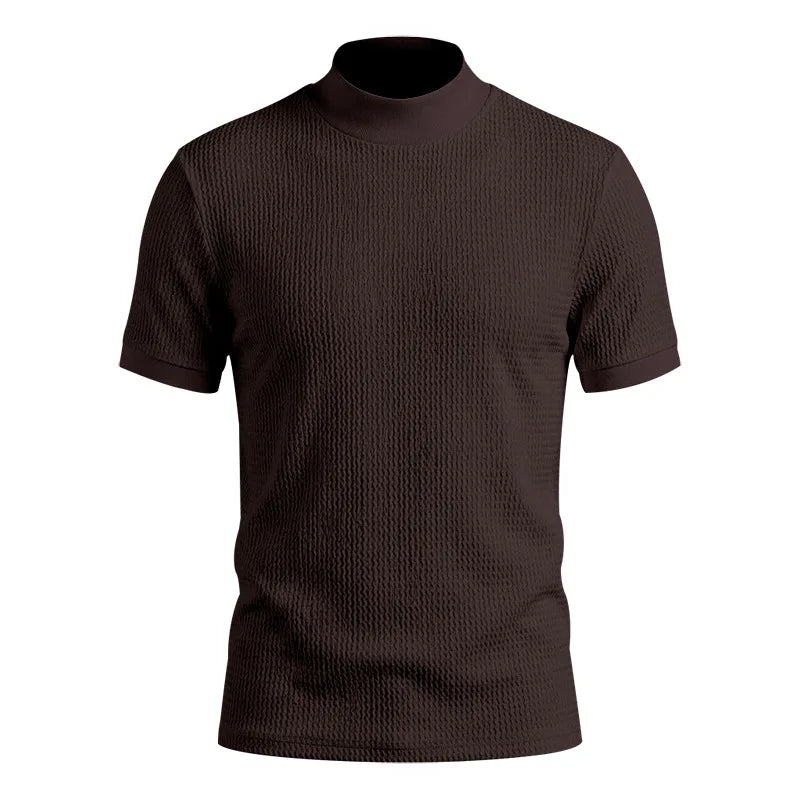 Men Summer Solid Jacquard Textured Mock Neck Short Sleeve T Shirt Slim Fit Simple Versatile Casual Daily Male Basic Tees