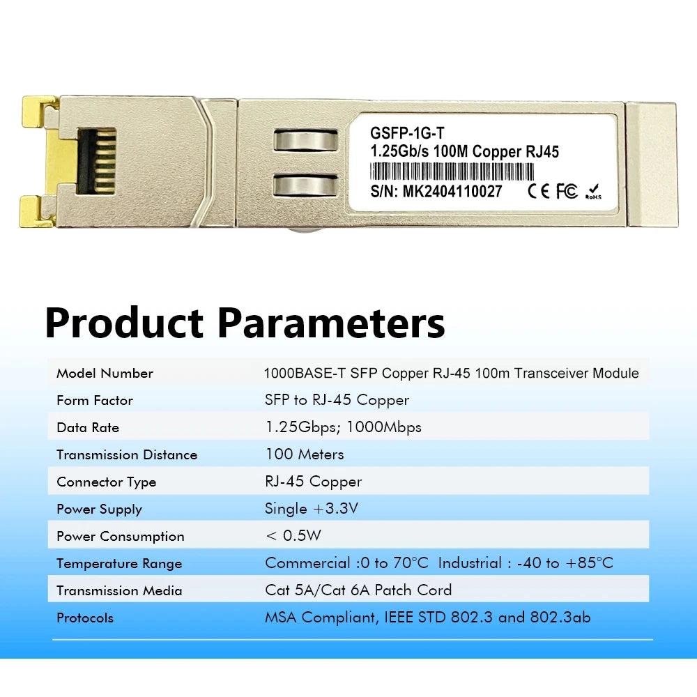 Gigabit SFP to RJ45 1Gb Transceiver Module 1000BASE-T 100m RJ45 Copper For Mikrotik,Ubiquiti,TP-Link,Zyxel...Fiber Equipment