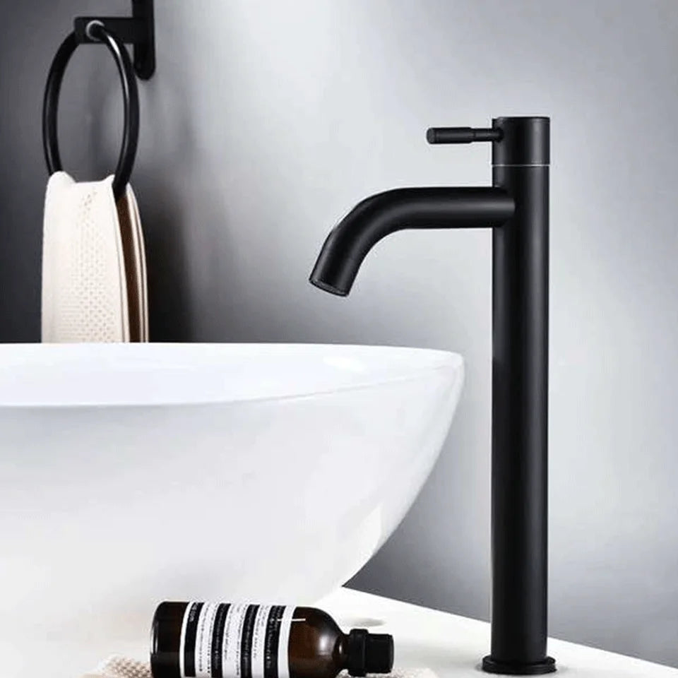 A stainless steel washbasin faucet. Single cold water, 1/2 inch public bathroom. Bathroom balcony