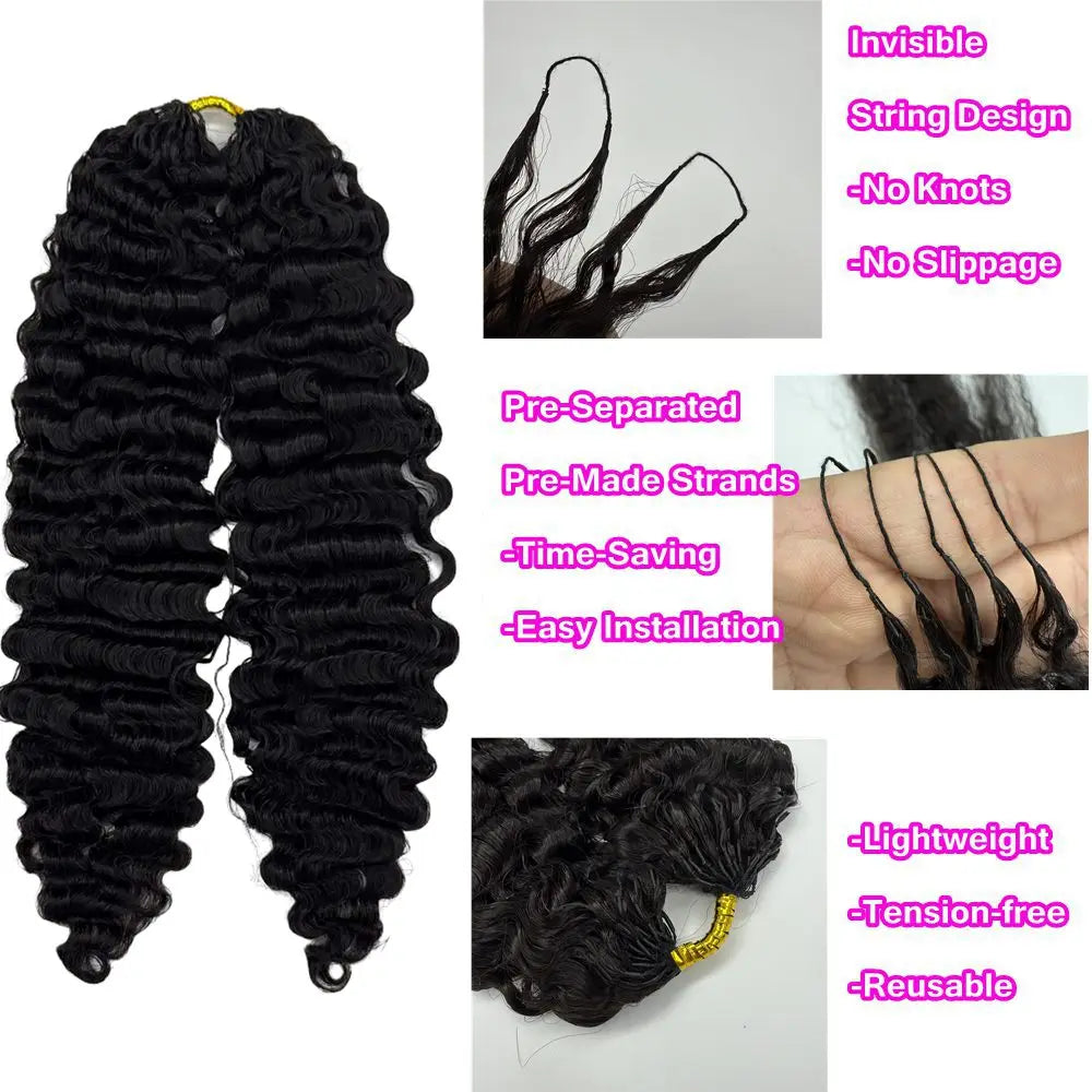 Deep Wave Crochet Human Hair Extensions Knotless Pre-Separated Deep Curly Human Hair With String Pre-Looped Reusable Feather