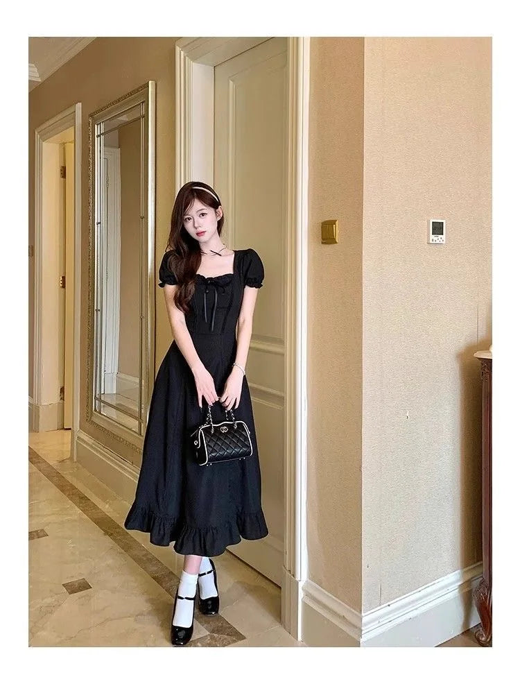 Sweet Pure Desire ort Skirt Summer Slimming Waistline Red Square Collar Long Dr Women's Faionable Versatile A-Line Dr