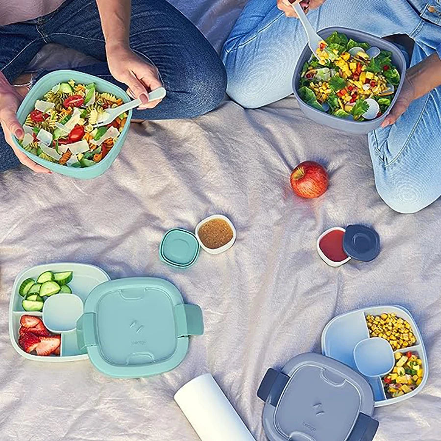 Double Stackable Lunch Box, 50 oz. Large Salad Bowl, 4 Compartment Tray, 3 oz. Sauce Container, Built-In Reusable Fork & Spoon