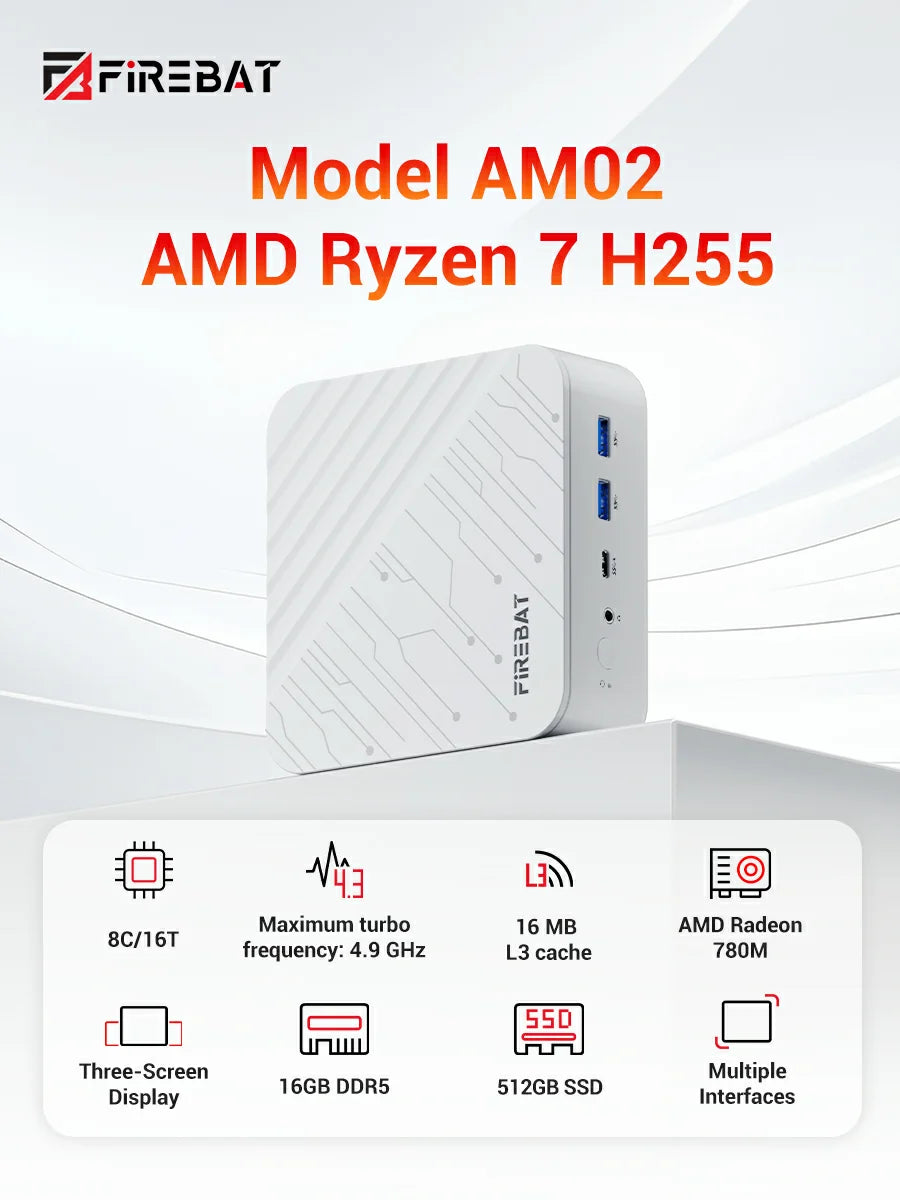 FIREBAT AM02 Mini PC AMD Ryzen 7 H255 DDR5 16GB RAM M.2 PCIe 512GB SSD WiFi6 BT5.2 1000M LAN Portable Windows11 Desktop Computer
