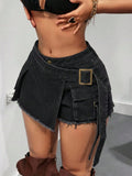 Vintage High Waist Denim Skirt Pants, Anti-Slip Sexy Shorts, Casual Fitted Design, Plain Pattern, Women's Fashion
