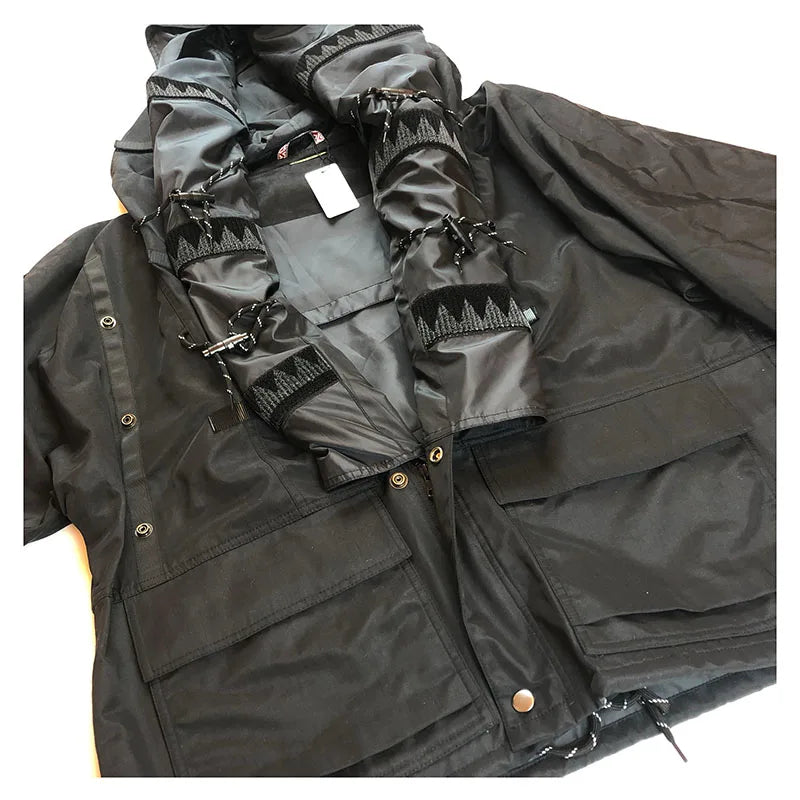 Japanese Style Retro Stitching Waterproof and Windproof Multifunctional Jacket Men's Hooded Black Multi Pocket Coat
