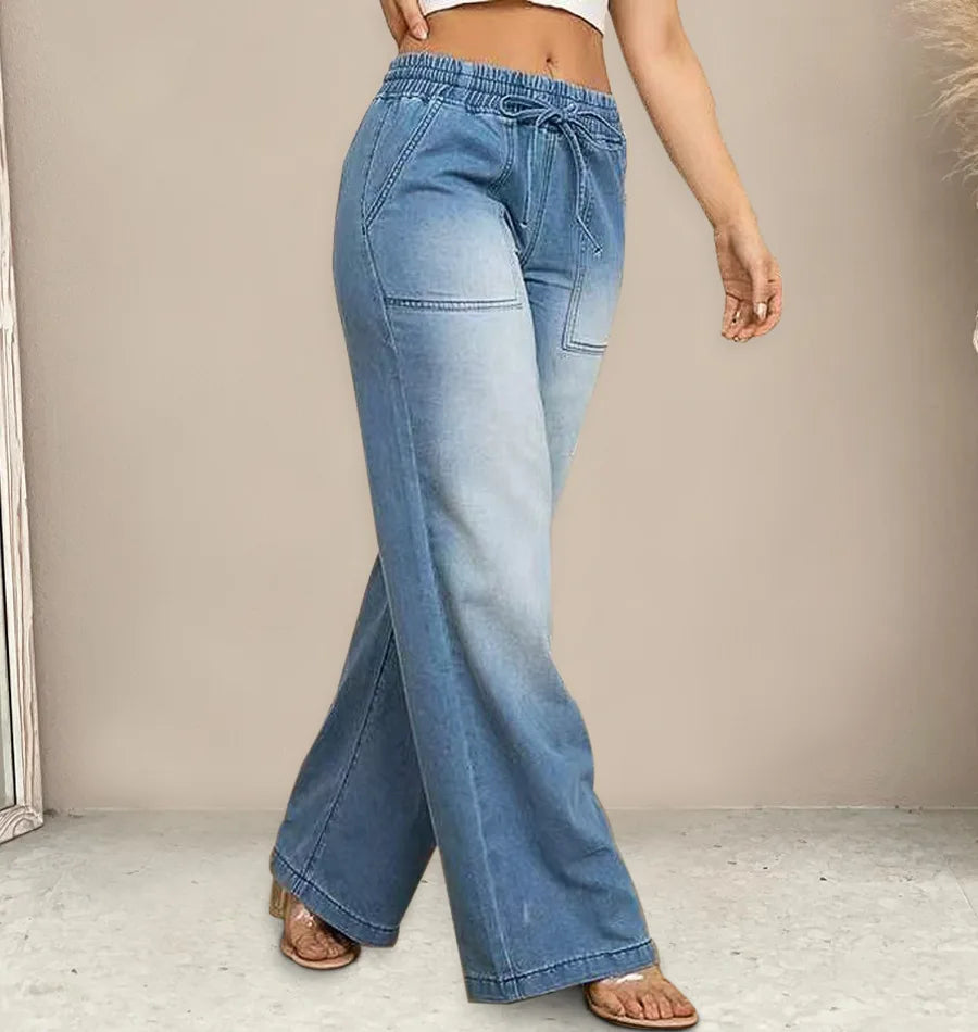 Chic High Waist Drawstring Denim Pants Women's Straight Wide Leg Jeans Fashion Trousers