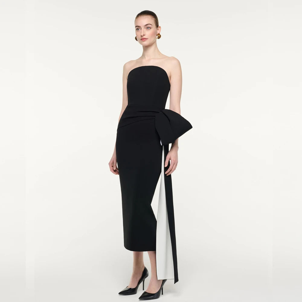 Evening Dress Customized Design Sexy Strapless Off Shoulder Waist Bow Tea Length Column for Prom Gown Bridesmaid Party Dresses