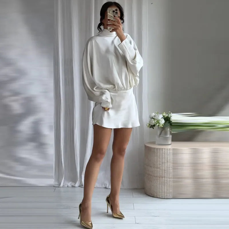 Elegant Lace Up Satin Short Dress Women Pleated Half High Collar Long Sleeve Female Dresses 2025 Autumn Lady Evening Robes