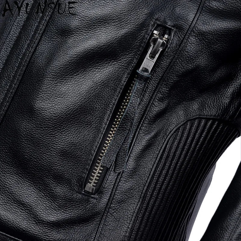 AYUNSUE Pure Cowhide Men Leather Jacket Fashion Stand Collar Short 100% Genuine Cow Leather Real Jacket Slim-fit Motorcycle Wear