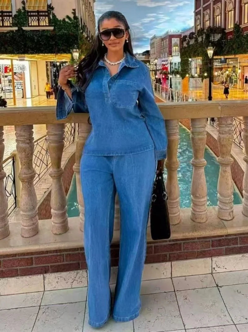 Vintage Denim 2 Piece Sets Women Outfit Spring Clothes Women 2026 Long Sleeve Shirt Top Straight Jeans Pant Set Cowboy Woman Set