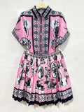 Designer retro geometric print lapel short-sleeved shirt two-piece 2026 summer women's dress+loose pleated skirt fashion suit
