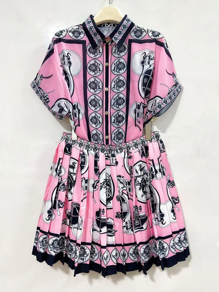 Designer retro geometric print lapel short-sleeved shirt two-piece 2026 summer women's dress+loose pleated skirt fashion suit