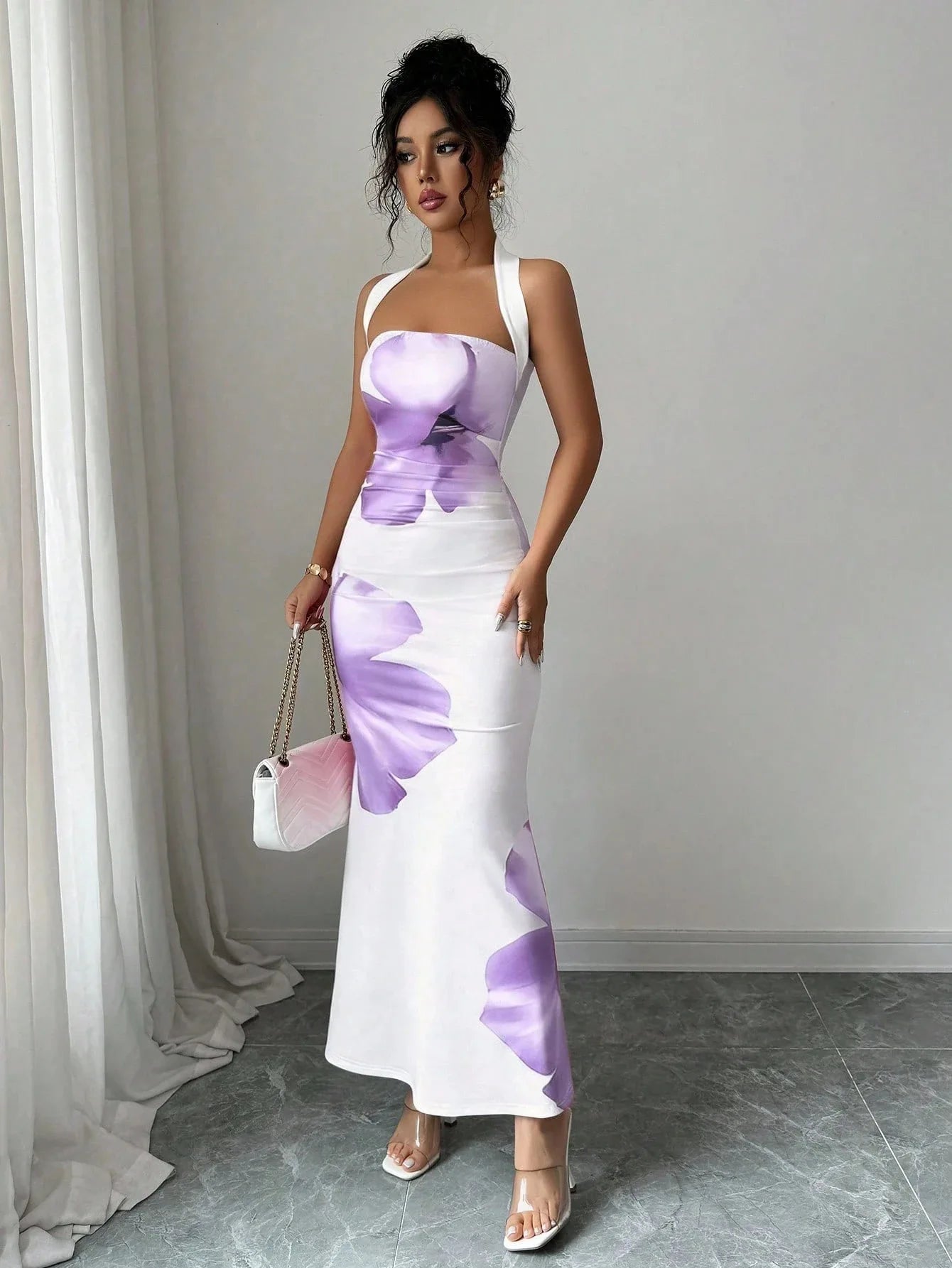 Women's 2026 New Popular Neck Halter Long Dress Hip-wrapped Printed Dress White Dress Birthday Dress for Women Summer Dress