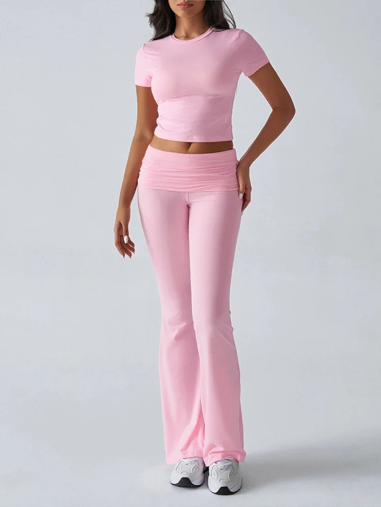 Women's Sexy Tops Suits 2026 Summer Latest Casual Solid Color Yoga Suit Slim Fit Sports Short Sleeved Pants Two-Piece Set Outfit