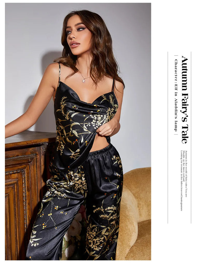 Women 4PCS Pajamas Kimono Bathrobe Nightgown Print Cherry Flower Trouser Suit Sleepwear Loose Satin Home Wear Pyjama Pour Femme