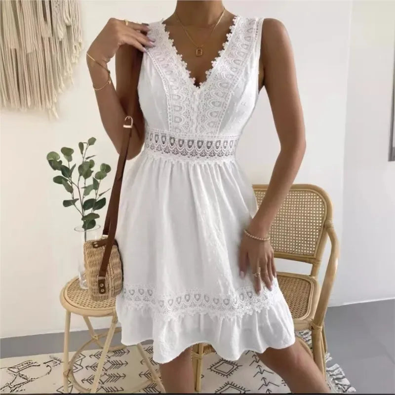 Women's White Party Dress Fashion Lace V-neck Ruffle Hook Flower Hollow Waist Mini Women Dresses Summer Sexy Prom Female Vestido
