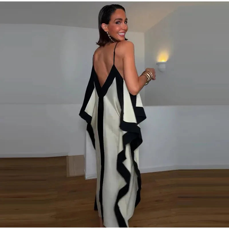 Contrast Black Trim Satin Cami Maxi Dress Deep V Neck Loose Flowy Ruffle Hem Lady Long Gown 2026 Summer Formal Vacation Dresses