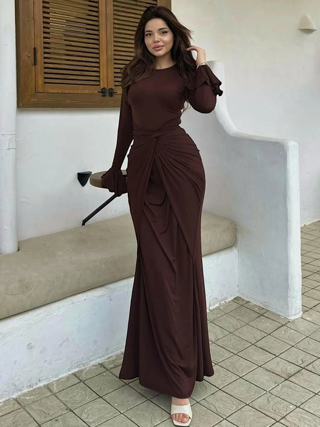 Dulzura O-Neck Long Flare Sleeve Ruched Lace Up Slim Long Dress Women'S Fashion Elegant Clothes Party Club Street Autumn Outfit