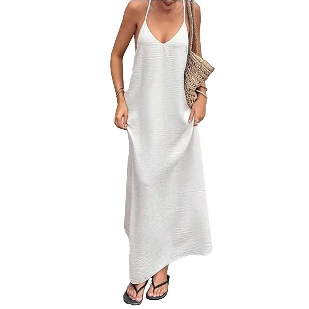 Women Summer Sexy Backless Dress Halter V Neck Sleeveless Loose Maxi Sundress Beach Vacation Long Dress