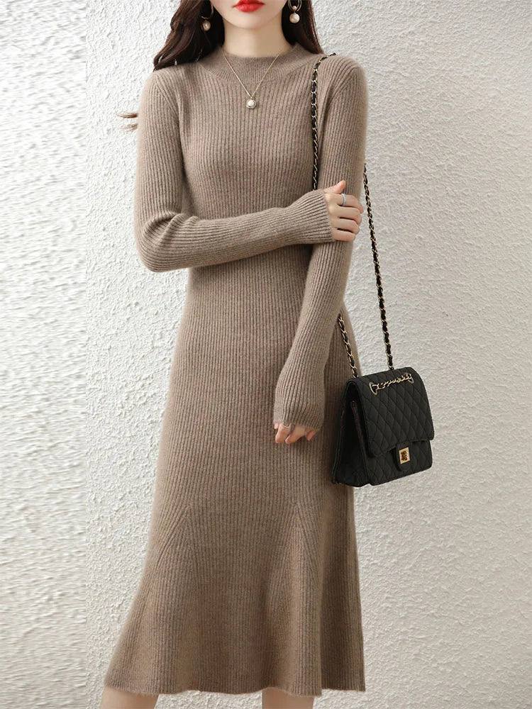 Cashmere Sweater Women's Knitted Dresses 100% Merino Wool O-Neck Elegant Party Dress Autumn Winter Female Pullover Casual Skirts