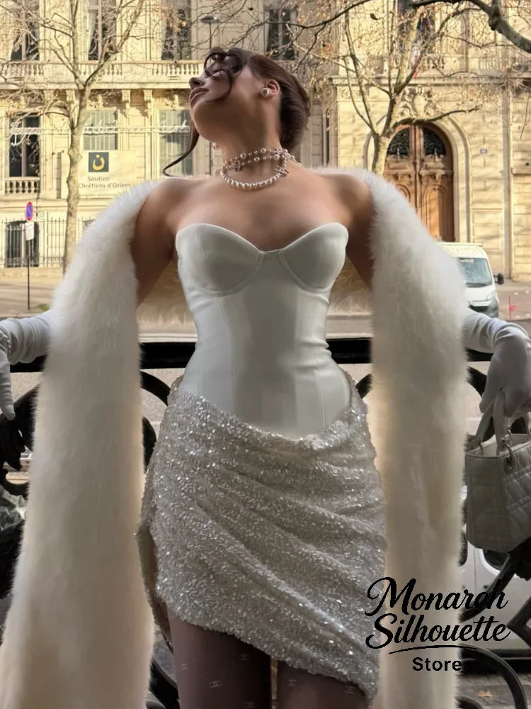 Sexy Sequin Pleated Strapless Mini Dress Women Chic  Scarf Collar Off Shoulder Waist Cinching Dresses Lady Evening Party Gown