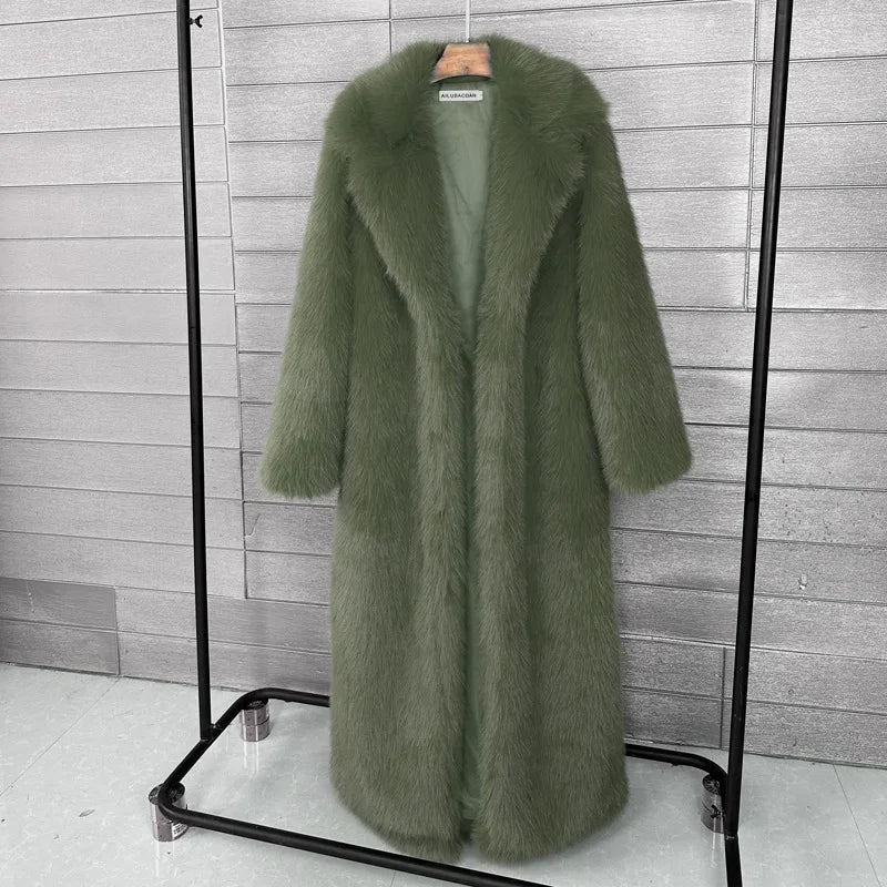 Long Faux Fur Coat Women Autumn Winter Large Jacket Overcoat White Turn Down Collar Pockets Thick Coat Warm Jackets Maxi Coats