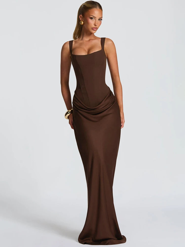Mozision Elegant Backless Sexy Maxi Dress Women Gown Fashion Square Collar Sleeveless Skinny Ruched Club Party Long Dresses