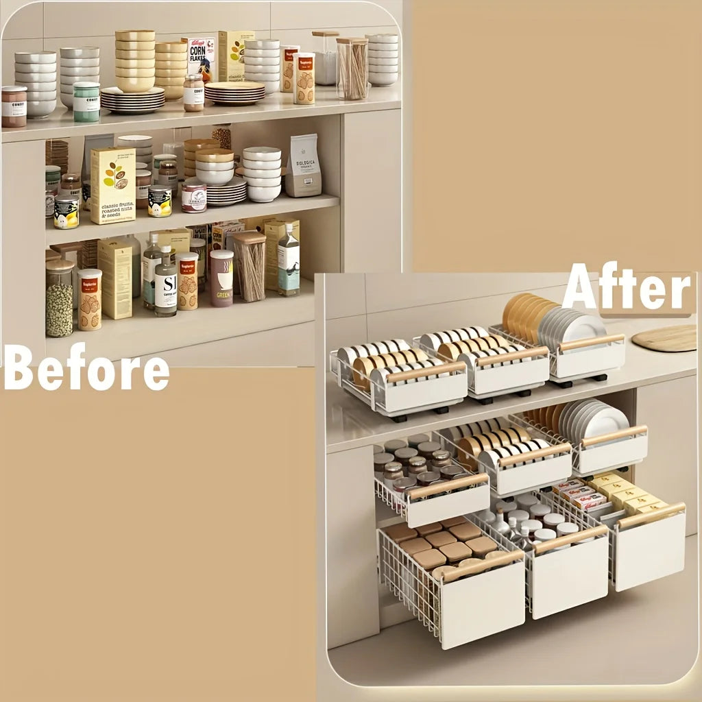 Space-Saving Kitchen Drawer Organizer, Pull Out Storage Rack for Storing Plates, Bowls, and Spices Kitchen Organizer and Storage