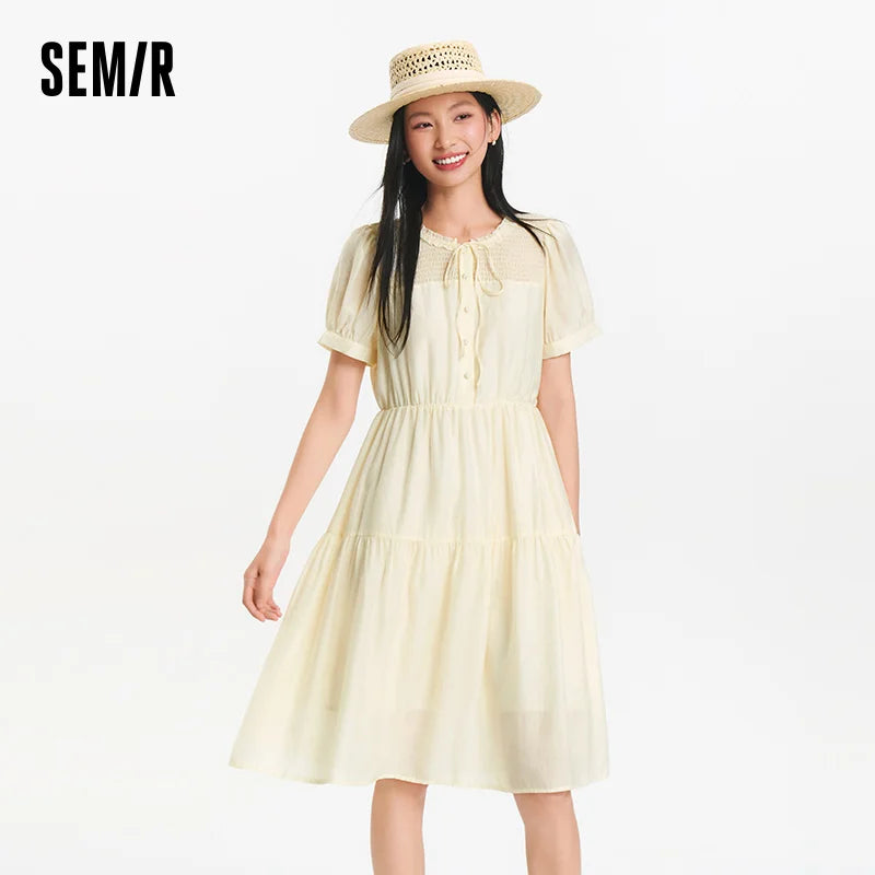 Semir Women Dress Puff Sleeve Lace Crew Neck Textured Midi French Elegant 2026 Summer Romantic Soft Comfy Daily Top
