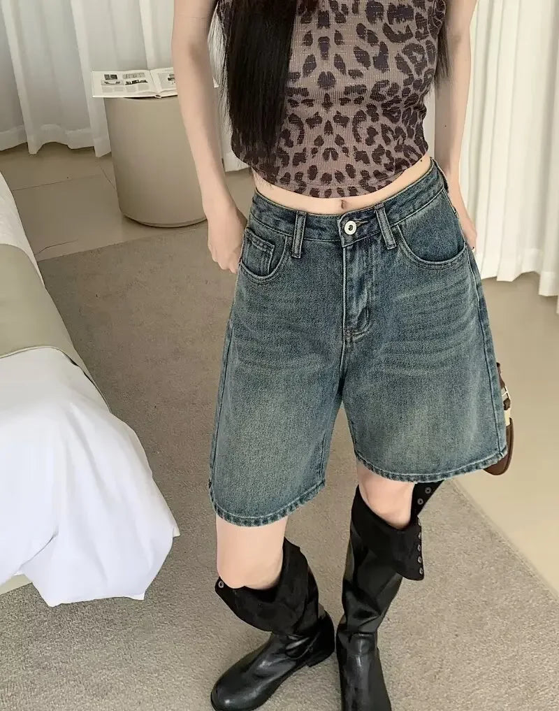 Summer High Waist Retro Jean Shorts for Women Loose Straight Denim Fashion Versatile Leisure Shorts Women's 2026