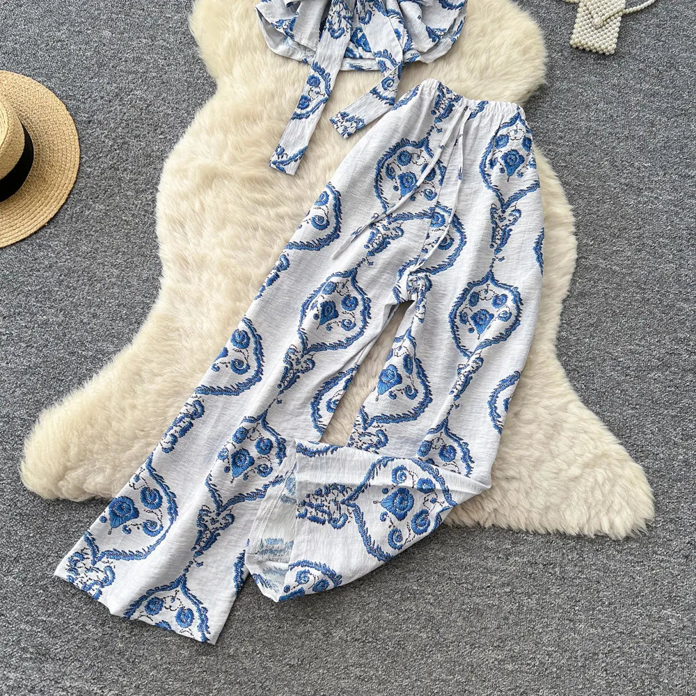SINGREINY Boho Print Vacation Suits Summer 2026 Sleeveless Lace Up Tank Top+Loose Wide Leg Pant Chic Lazy Casual Women 2pcs Sets