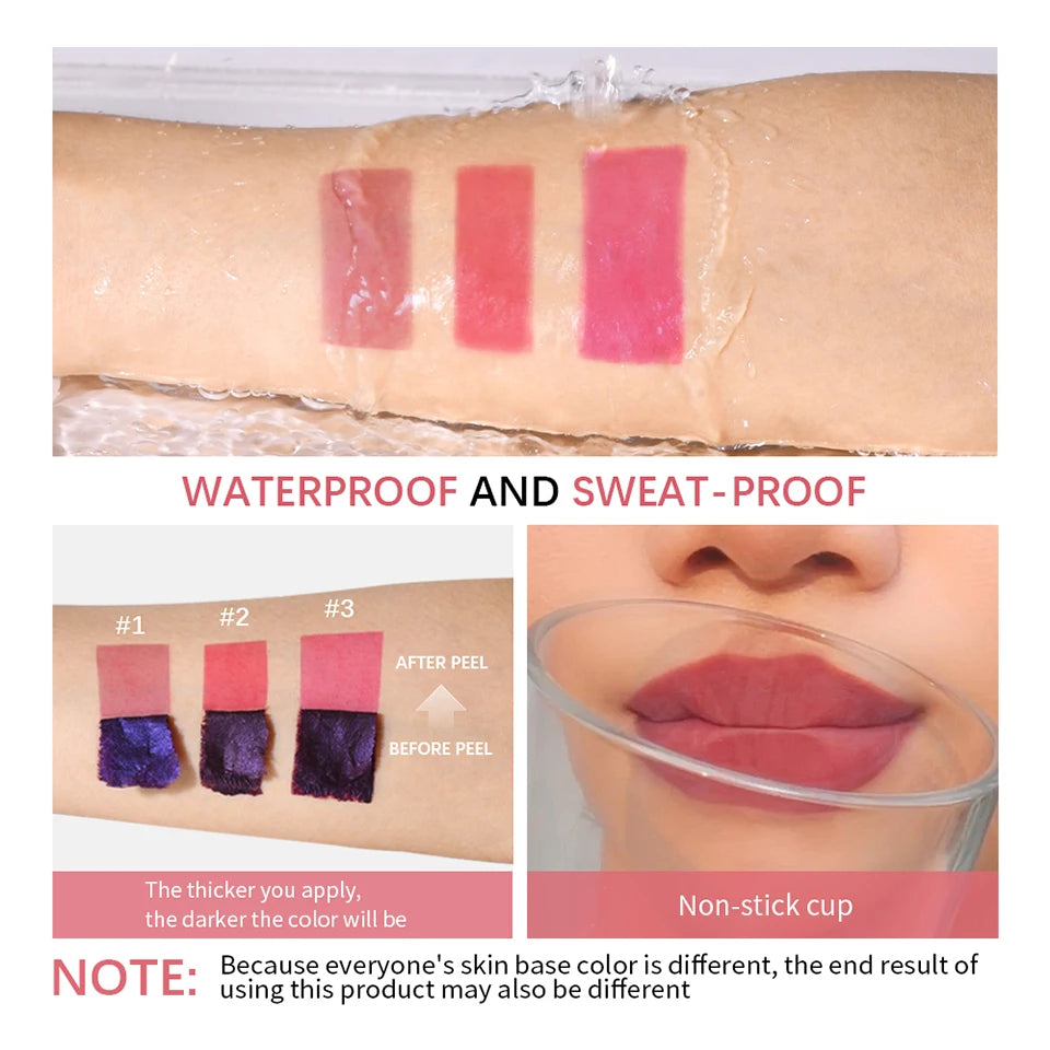 3pcs/set Peel Off Lip Stain Set Long-Lasting Waterproof Lip Tint Transfer Proof Non-stick Cup Natural Lip Stain Female Makeup